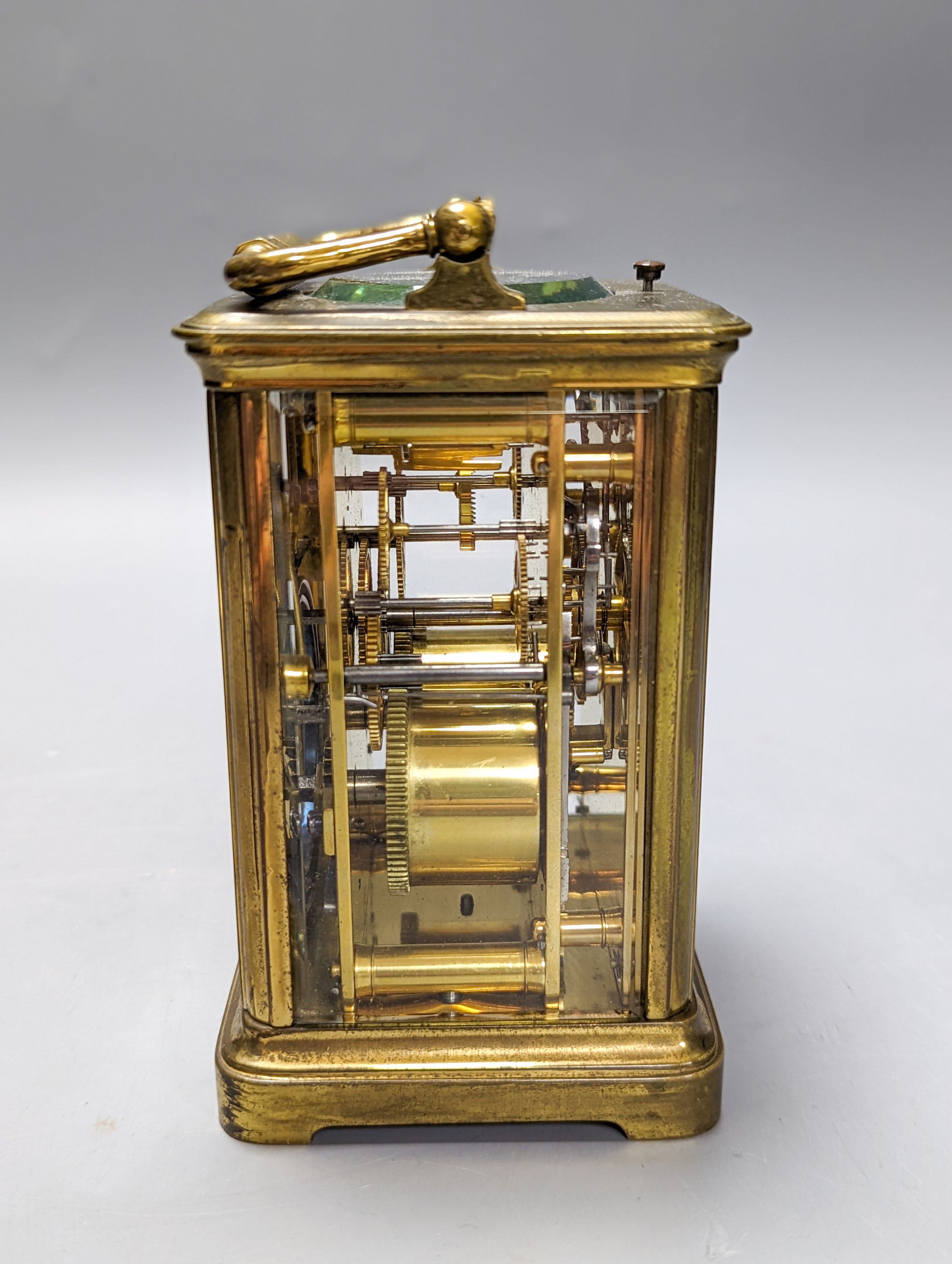 A French brass repeating carriage clock with key. 13.5cm